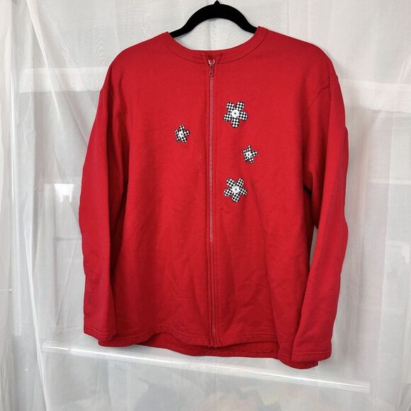 Vintage Fruit of the Loom zip up cardigan sweater checkerboard flower sz Lg - Picture 2 of 8